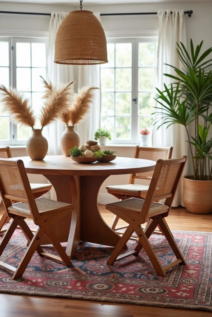 “Boho chic dining room with rattan chairs, layered rugs, pampas grass, and eclectic, playful decor.”