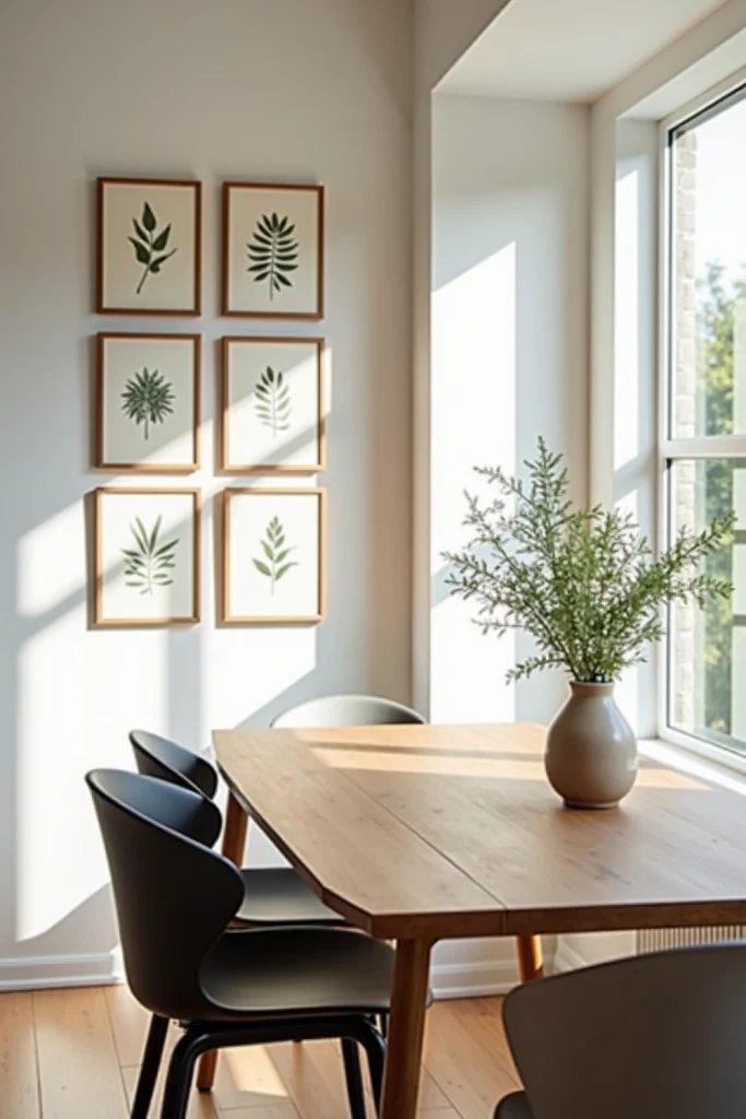 “Modern dining room with wooden table, vertical botanical prints, natural light, and calming decor.”