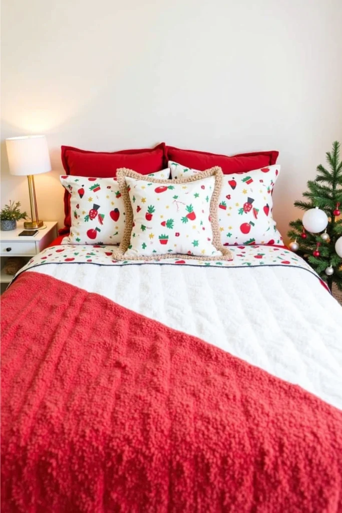 Budget Christmas bedroom with reversible duvet, DIY holiday pillows, and ribbon-accented sheets.