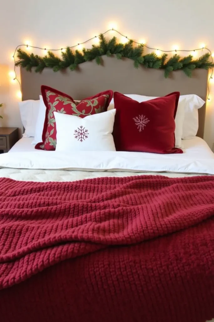 Layered Christmas bed with velvet duvet, knit throw, faux fur blanket, and festive pillows with lights.