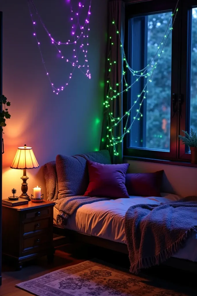 Glowy yarn cobwebs with spiders in a moody corner, blacklight glow, cozy Halloween DIY setup.