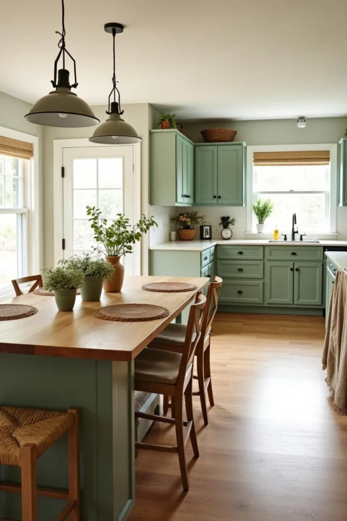 Open-concept kitchen-dining with soft green palette, island seating, pendant lights, and cohesive decor.