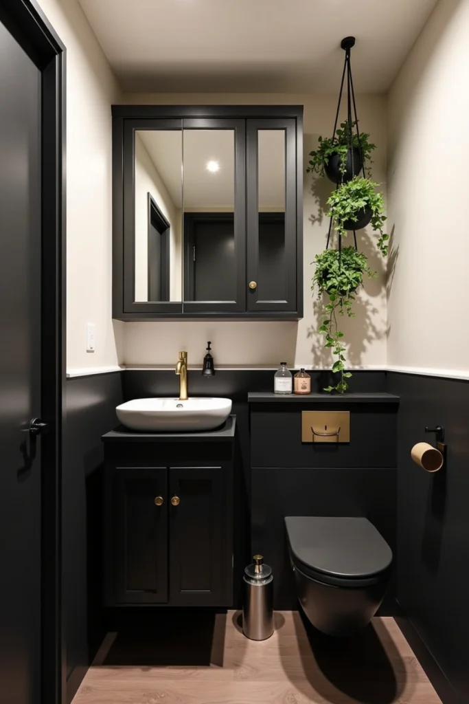 Compact black bathroom with over-toilet cabinets, smart shower, and ivy planters for bold modern style.