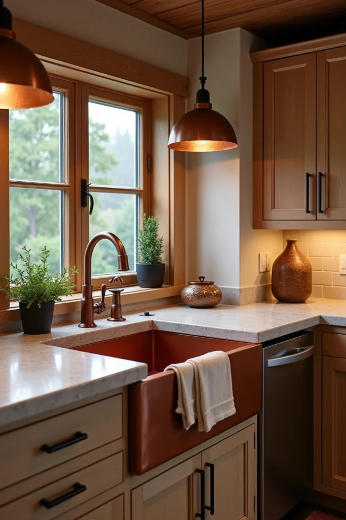 Rustic kitchen with copper sink, pendants, and accents paired with wood cabinets and stone countertops.