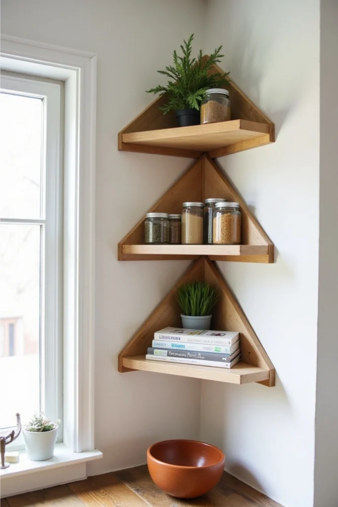 Corner kitchen shelves with spices, plants, cookbooks, light wood finish, and cozy apartment styling.