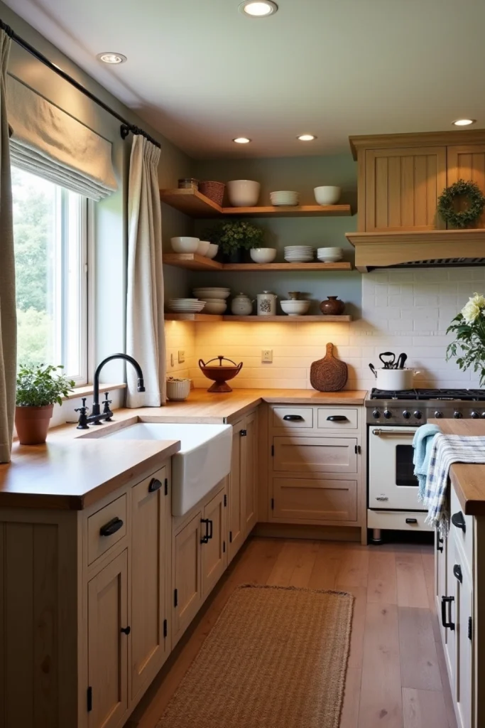 Cozy farmhouse kitchen with wooden cabinets, large table, open shelves, and soft textiles.