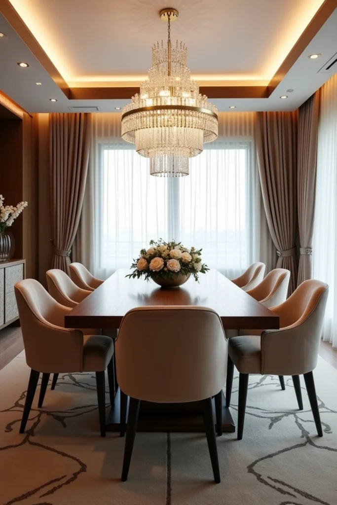 Elegant dining room with crystal chandelier, velvet chairs, LED lighting, and warm, inviting decor.
