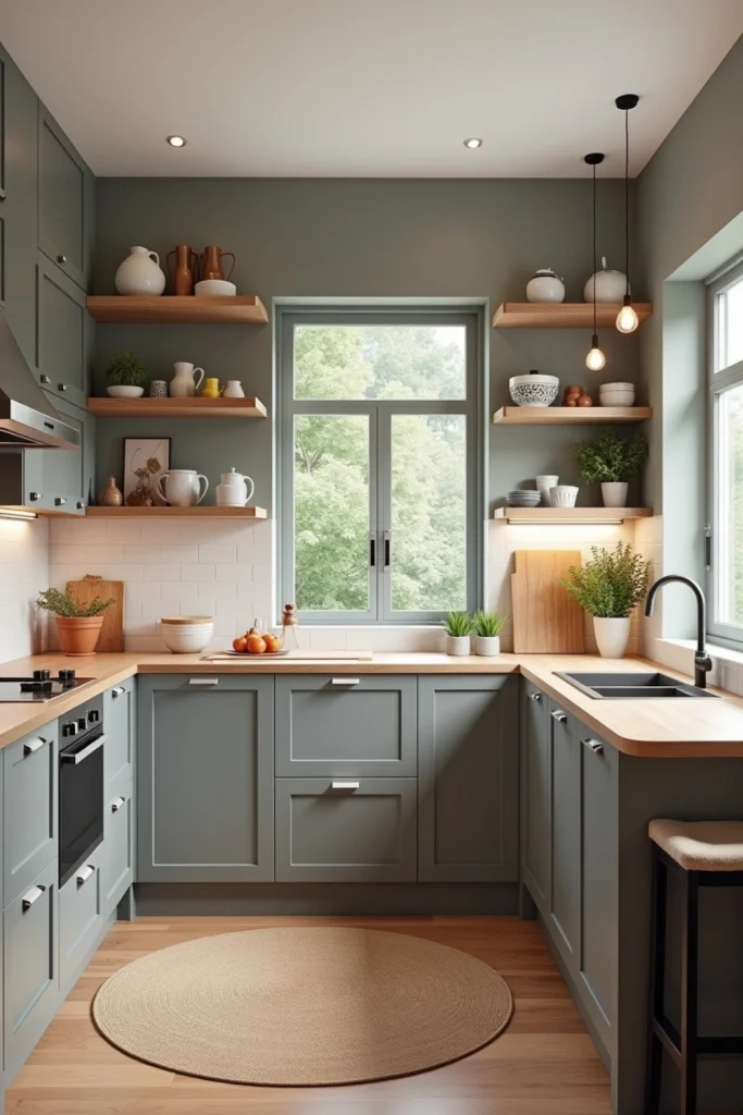 Kitchen with curved-edge island and cabinets, soft lines, and functional, flowing layout.