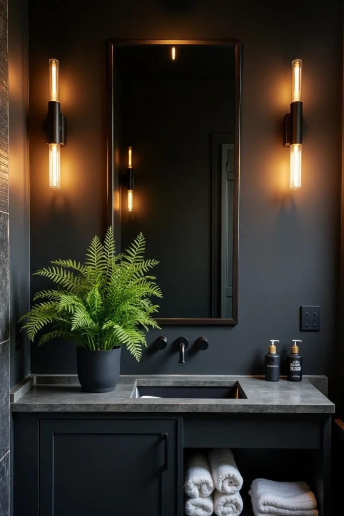 Charcoal black bathroom with slate tiles, warm sconces, fern in black pot, and recycled glass accents.