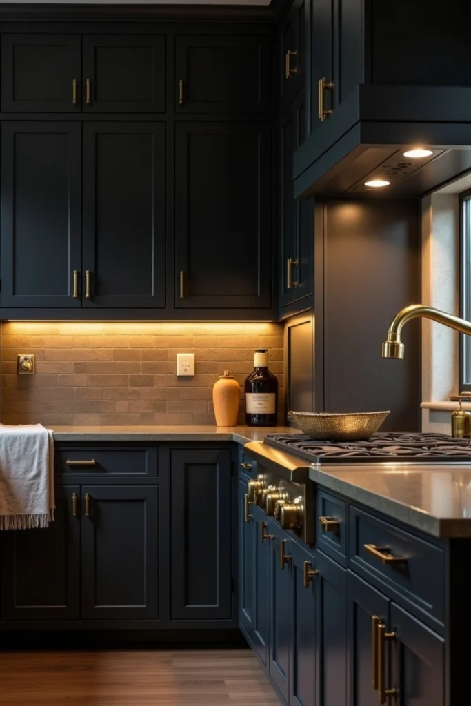 Dark kitchen with charcoal cabinets, brass accents, and under-cabinet lighting for moody elegance.
