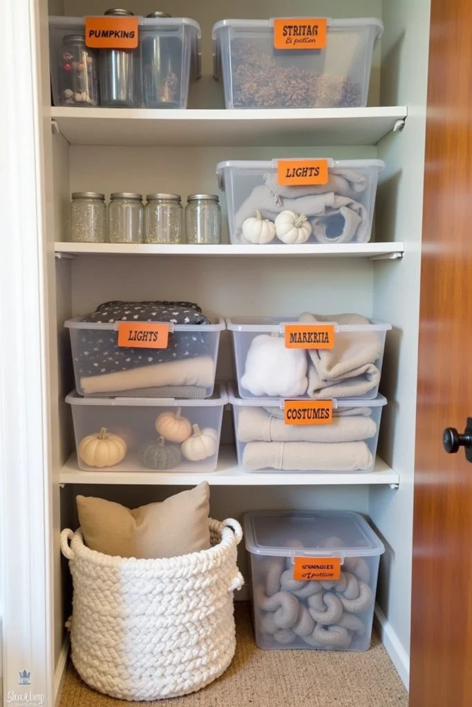 Labeled storage bins with Halloween decor, lights, jars, and neutral pumpkins for tidy seasonal reuse.