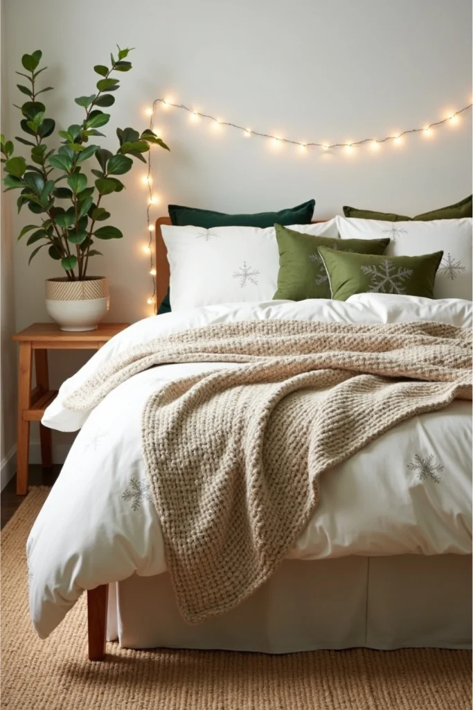 Eco-friendly Christmas bedroom with organic cotton bedding, bamboo duvet, recycled pillows, and plants.