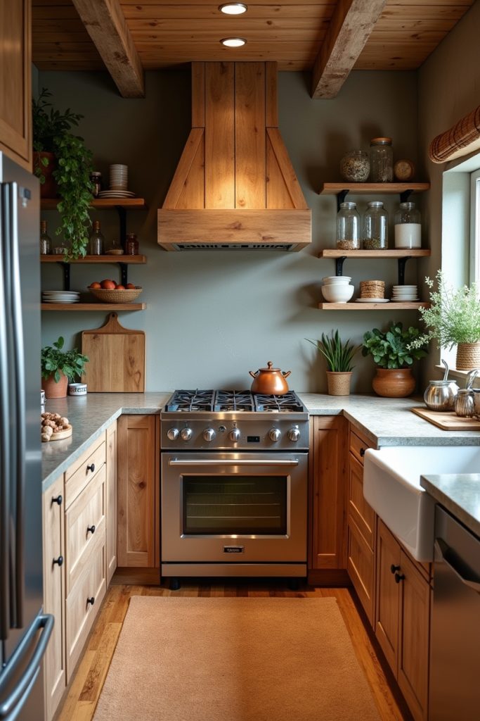 Eco-friendly rustic kitchen with reclaimed wood cabinets, bamboo flooring, and vintage decor accents.