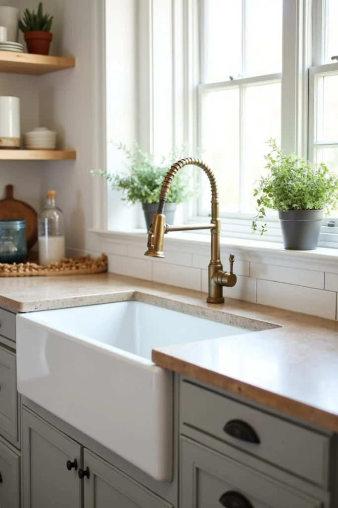 Rustic kitchen with farmhouse fireclay sink, gray shaker cabinets, and vintage brass faucet centerpiece.