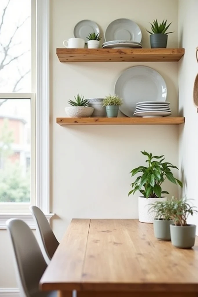 “Dining nook with bamboo floating shelves, curated dinnerware, plants, and uncluttered modern style.”