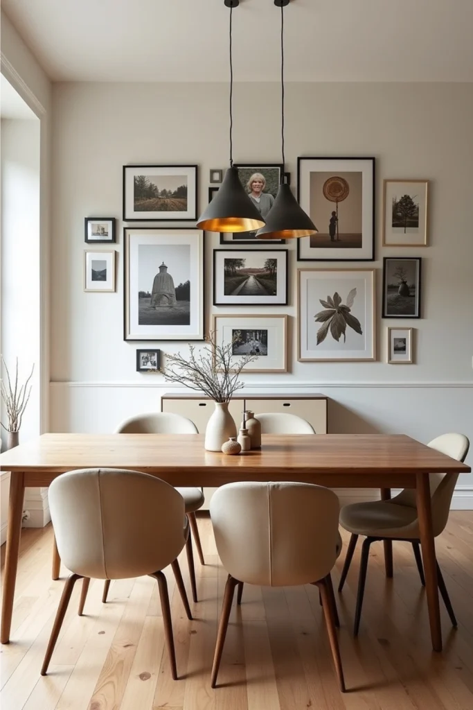 Modern dining room with wooden table, mixed-frame gallery wall, sideboard, and warm lighting.