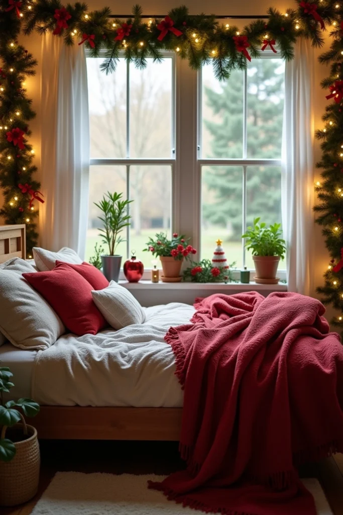 “Christmas bedroom with evergreen garlands and red berries on windows, festive bedding and cozy vibe”