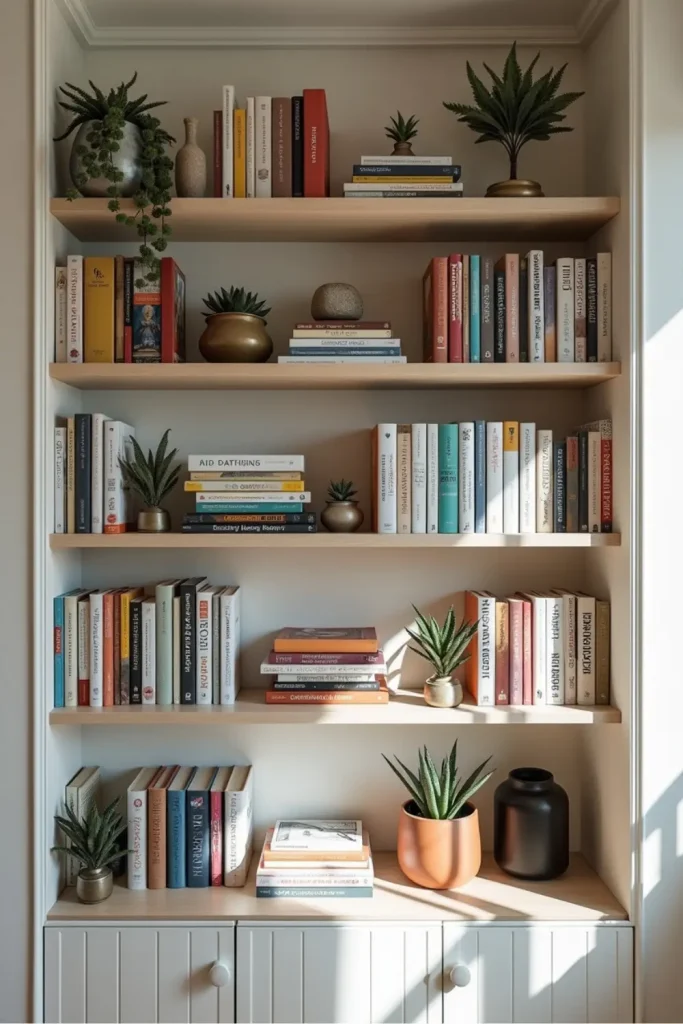 Bookshelf styled with color-coded books, vertical and horizontal stacks, plants, and decorative accents.
