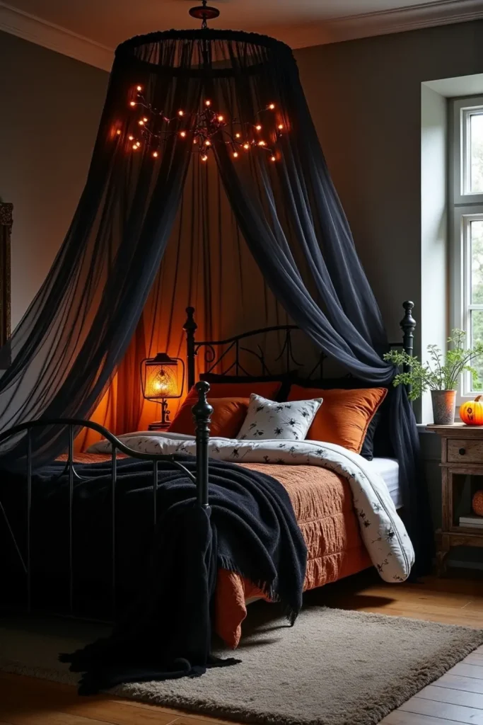 Ghostly sheer canopy over bed with fairy lights, cozy Halloween decor, pumpkins, and warm textures.