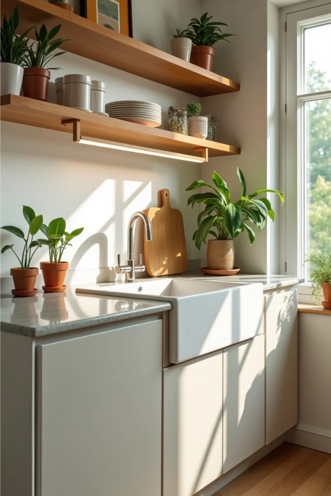 Eco-friendly kitchen with bamboo shelves, recycled glass counters, and sustainable, stylish design.