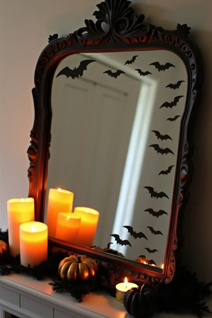 Gothic Halloween mirror with bat and spider stickers reflecting candlelight for spooky charm.