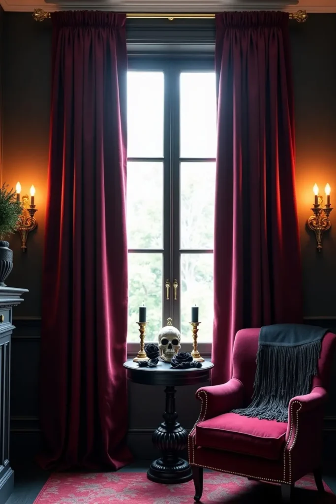 Deep velvet curtains with gold wall lights and gothic decor in a bold, elegant Halloween-themed room.