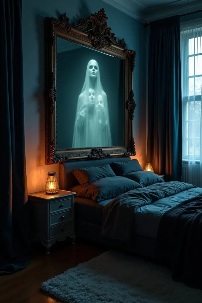 Eerie bedroom with antique mirror showing ghostly projections, dark cozy decor, and spooky Halloween vibe.