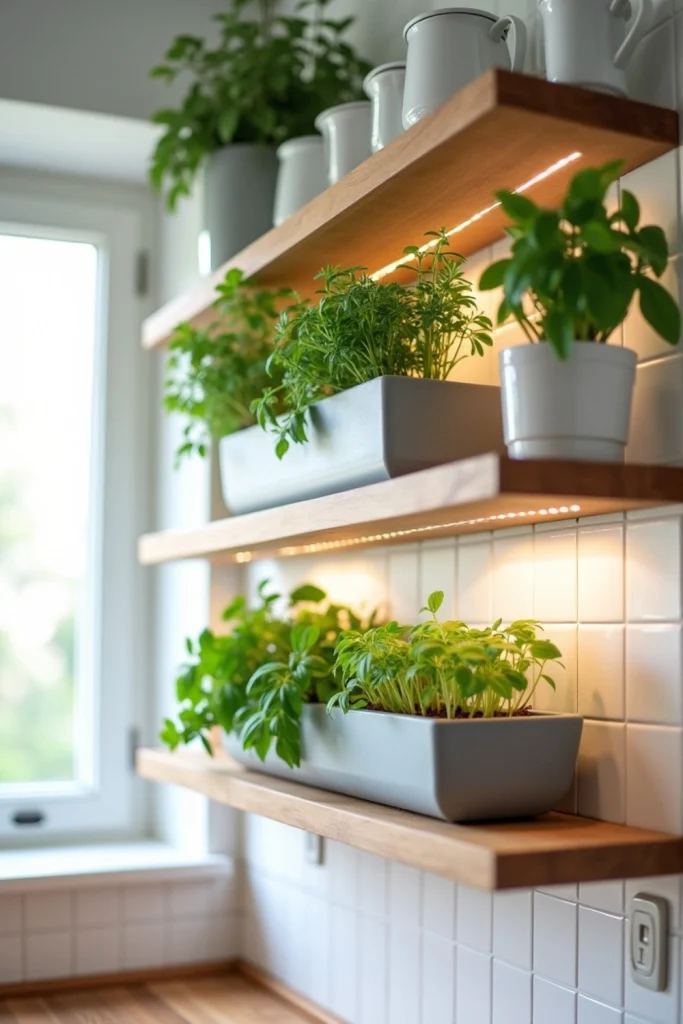 “Kitchen shelves with potted herbs, LED lights, glassware, and clean, modern, functional styling.”