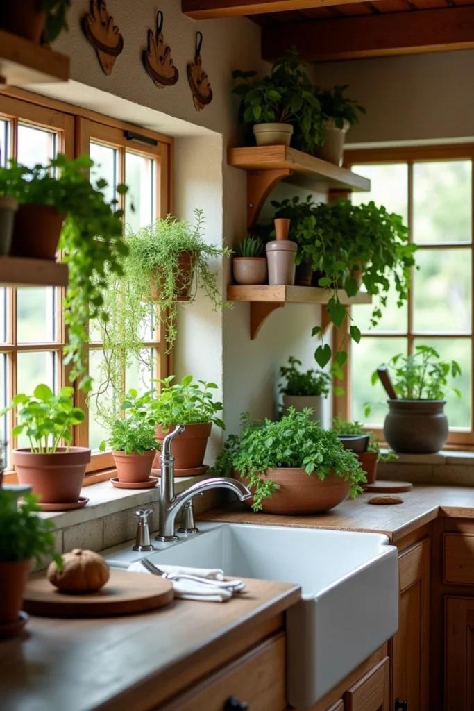 Rustic kitchen with potted herbs and trailing vines on shelves and windowsills for a natural vibe.