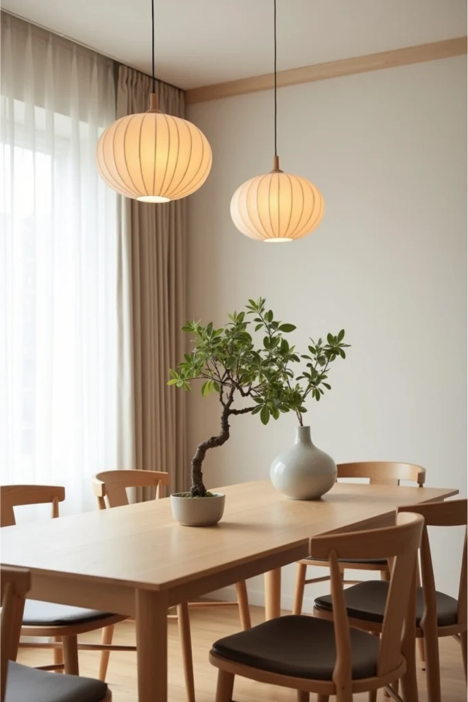 “Japandi dining room with low wooden table, bonsai centerpiece, rice paper lanterns, and calm minimal style.”