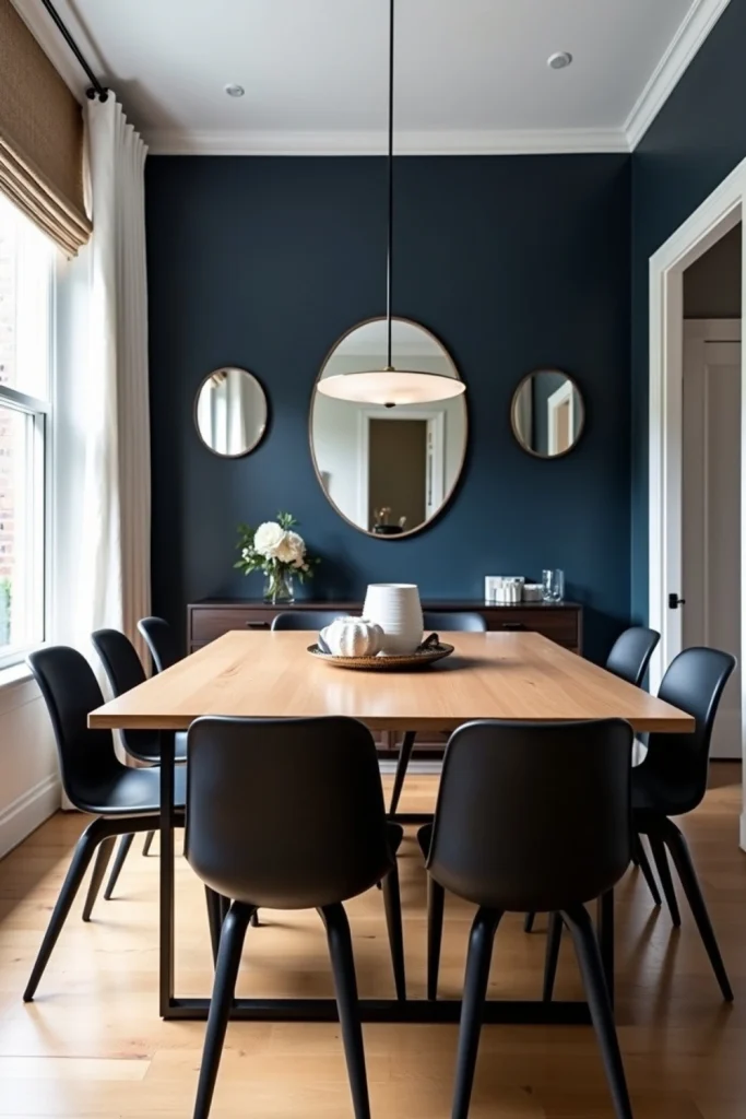 “Dining room with deep navy accent wall, wooden table, neutral chairs, mirrors, and cozy ambiance.”
