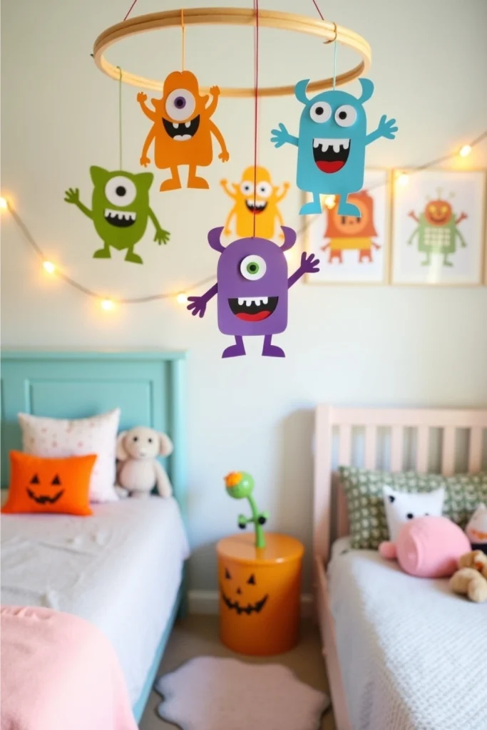 Kids’ bedroom with colorful paper monster mobiles, soft bedding, pastel walls, and playful Halloween vibe.