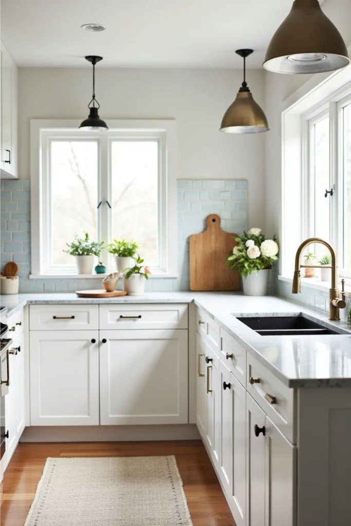 Modern kitchen with brass faucet, black pulls, metallic lighting, neutral cabinets, and wood accents.