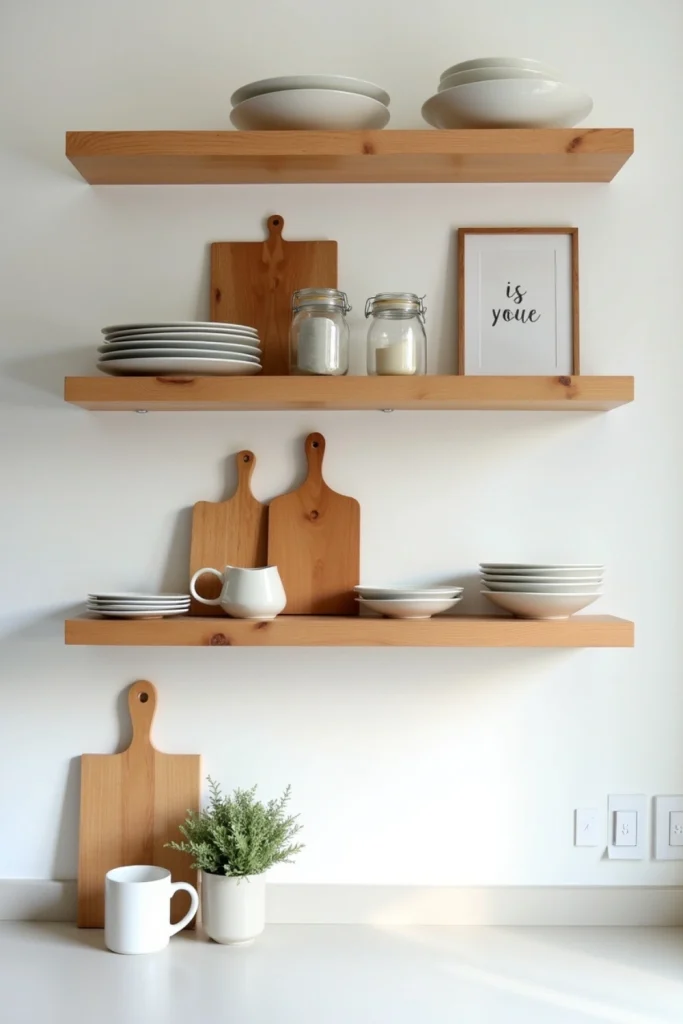 “Kitchen shelves with layered plates, jars, cutting boards, and small artwork for depth and style.”