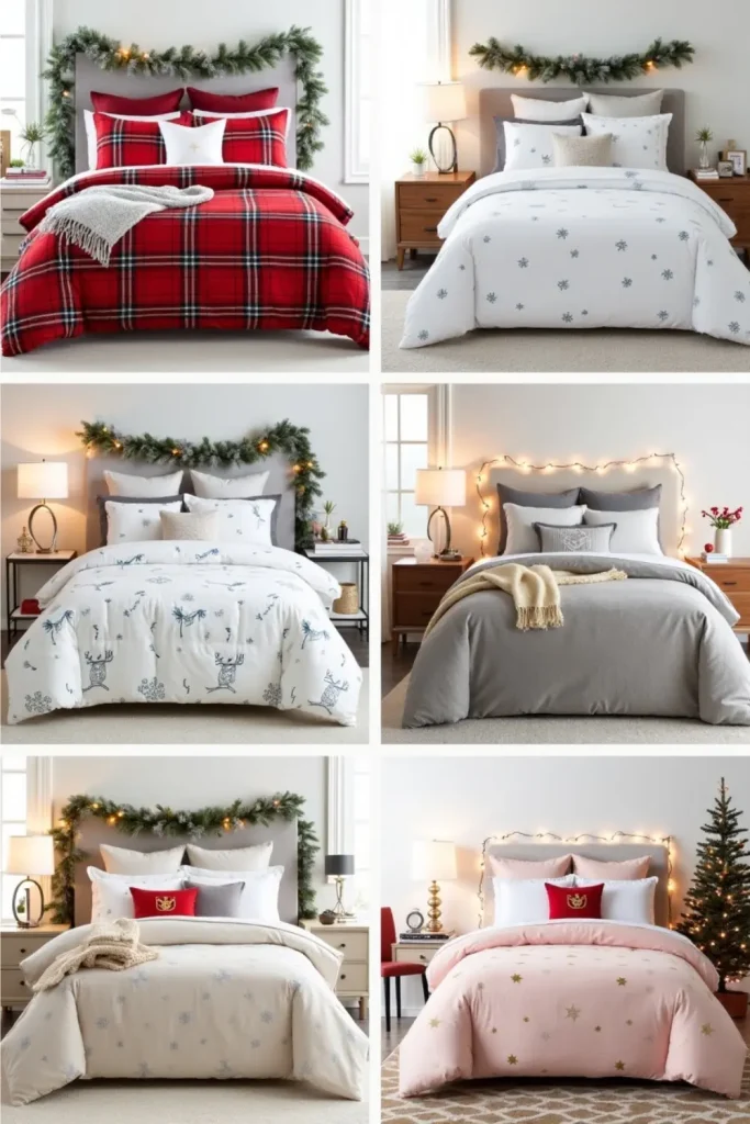 Layered Christmas bed with velvet duvet, knit throw, faux fur blanket, and festive pillows with lights.