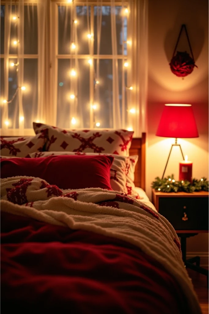 Cozy Christmas bedroom with fairy lights, red lamp, festive bedding, and peppermint candle glow.