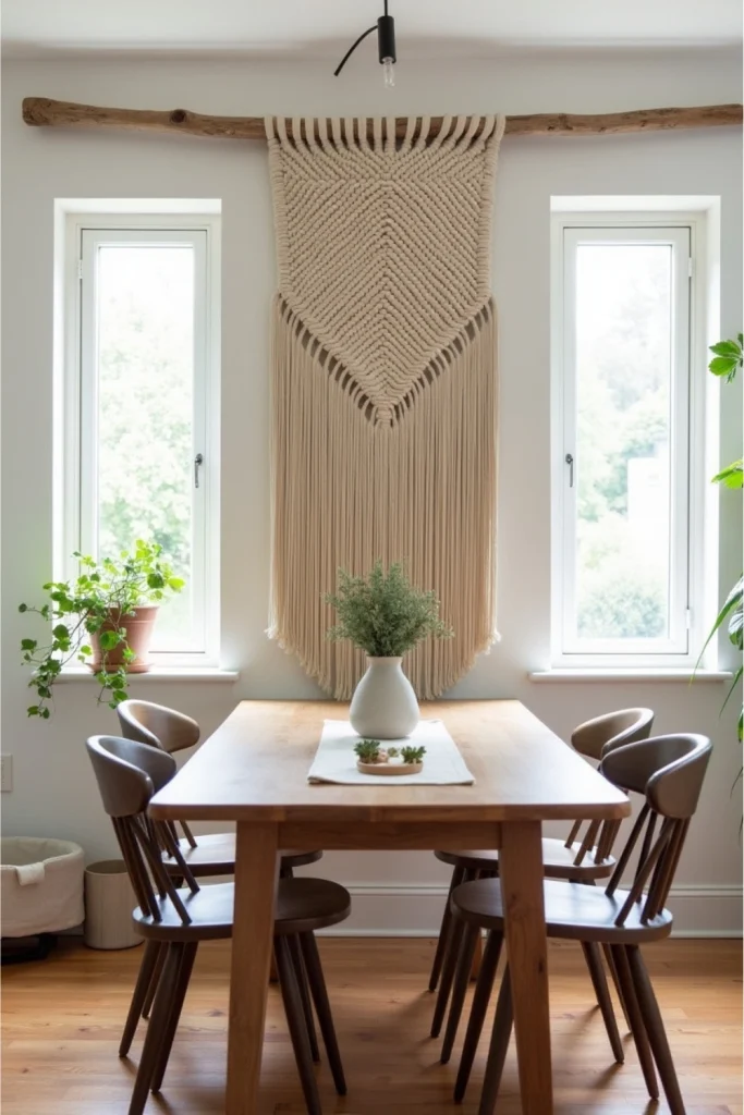 “Farmhouse dining room with wooden table, neutral chairs, and textured macramé wall hanging decor.”