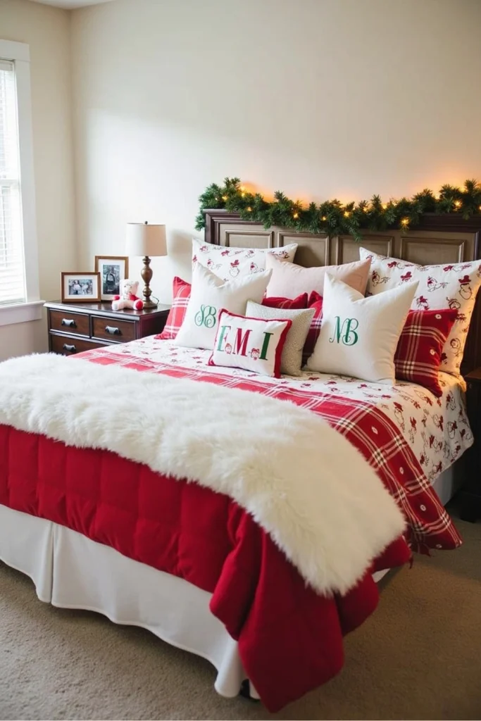 Holiday bedroom with monogram pillows, family photos, festive bedding, and cozy seasonal layers
