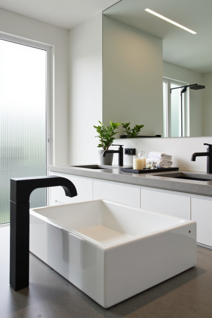 Bathroom with matte black faucet and towel bar, paired with a white sink for sleek modern simplicity.