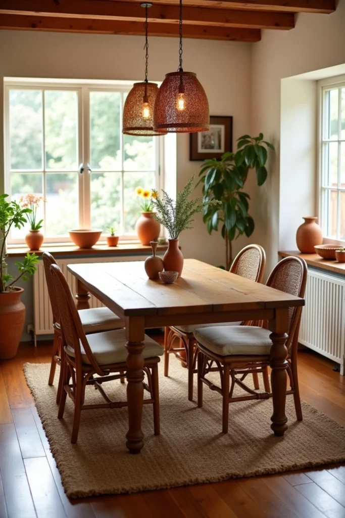 Rustic dining room with wooden table, rattan chairs, terracotta decor, and sunny Mediterranean vibes.