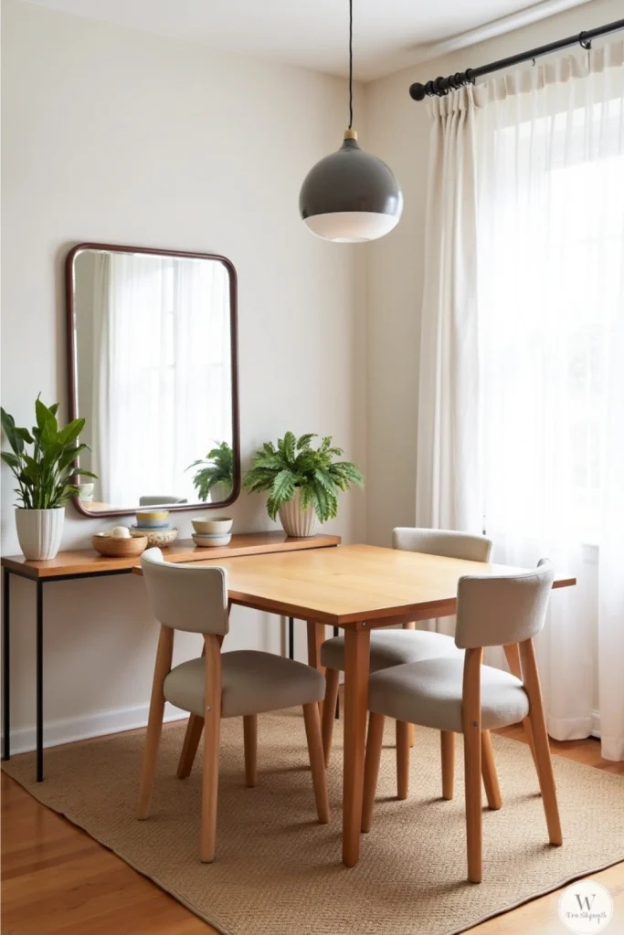 Small dining nook with wooden table, neutral chairs, large mirror, and sunlight reflection.