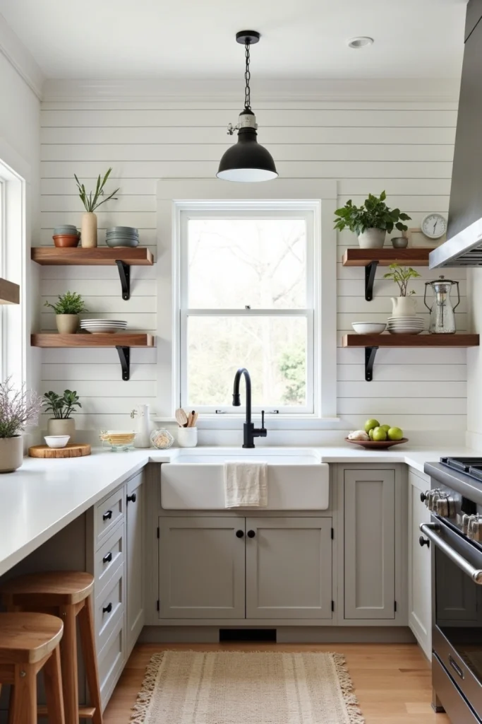 Modern-rustic kitchen with farmhouse sink, industrial shelves, neutral tones, and vintage lighting.