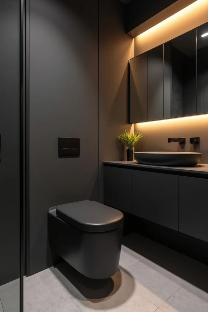 Modern bathroom with matte black toilet, floating vanity, sleek fixtures, and warm ambient lighting.