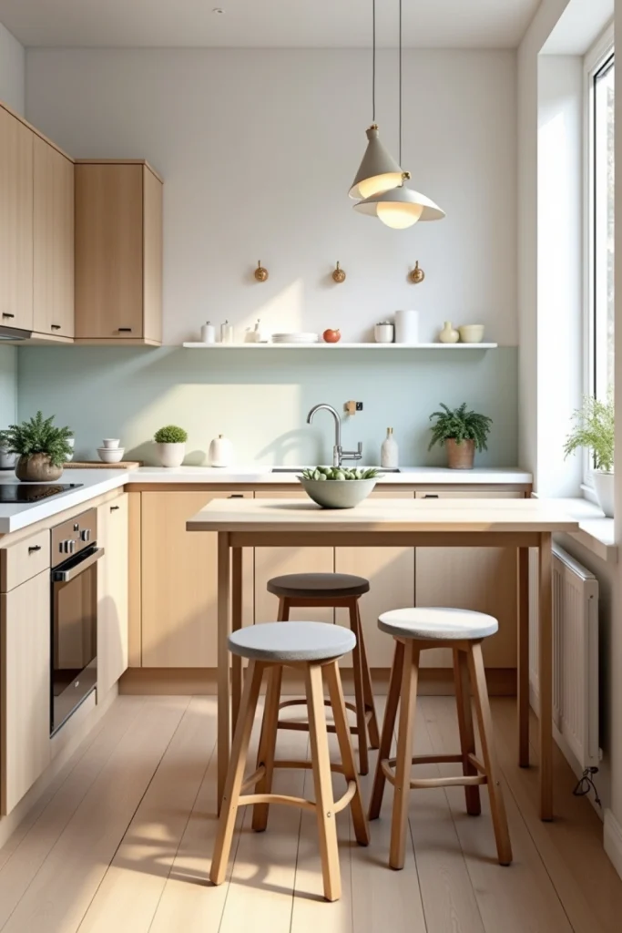 Small kitchen with foldable island, storage stools, rolling cart, neutral colors, and functional layout.