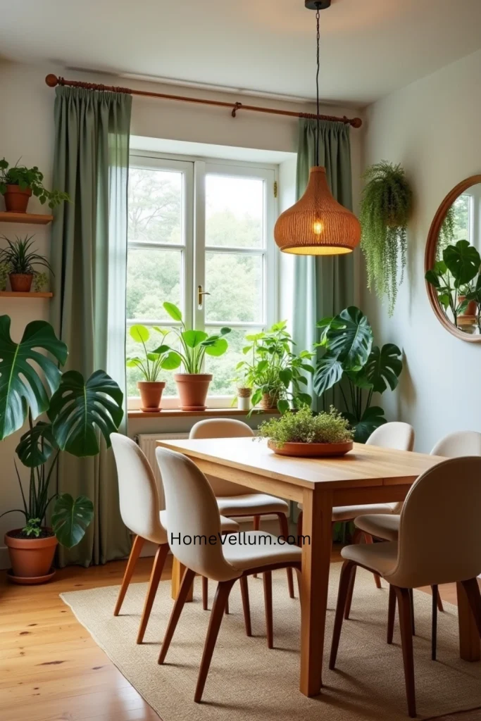 Nature-inspired dining room with wooden table, lush indoor plants, and warm rattan pendant lighting.