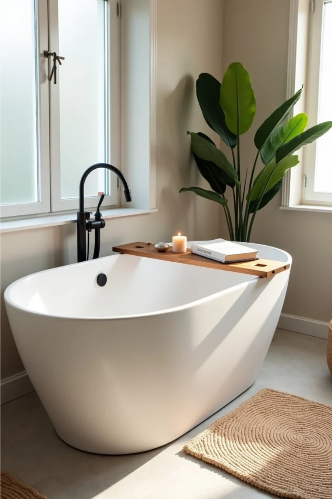 Freestanding oval bathtub with bath tray, vintage faucet, and neutral tones for a spa-like retreat.