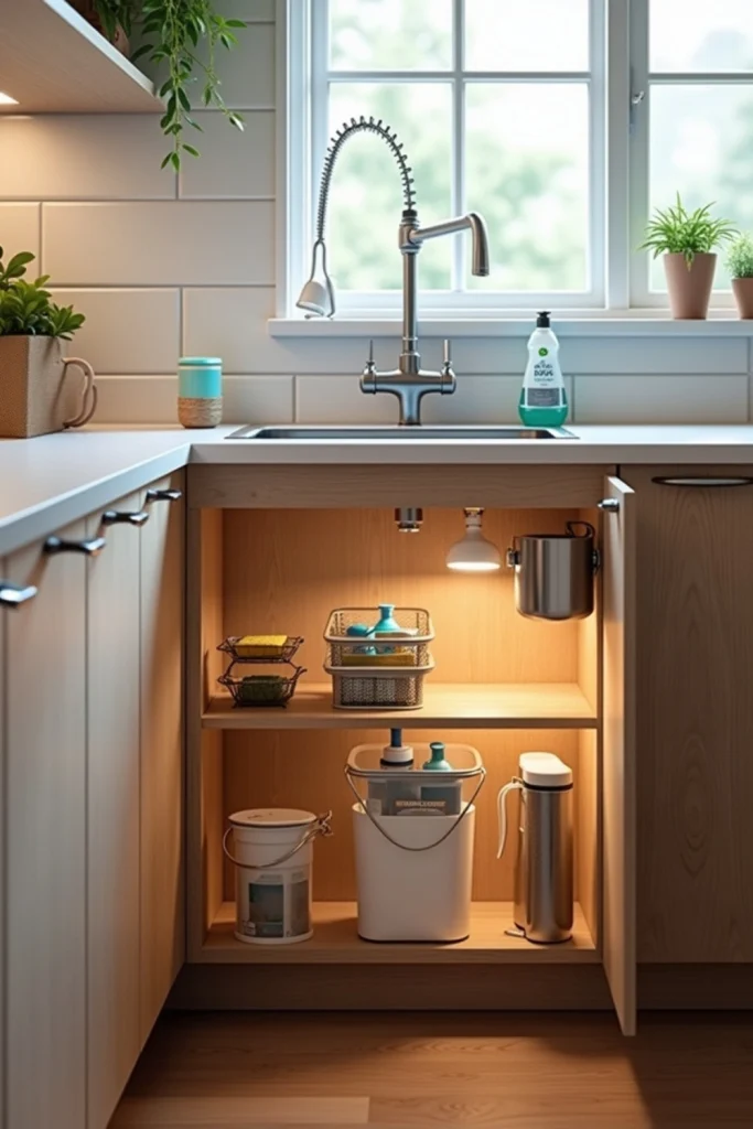 Small kitchen under-sink storage with stackable bins, hanging rod, trash can, and motion-sensor light.
