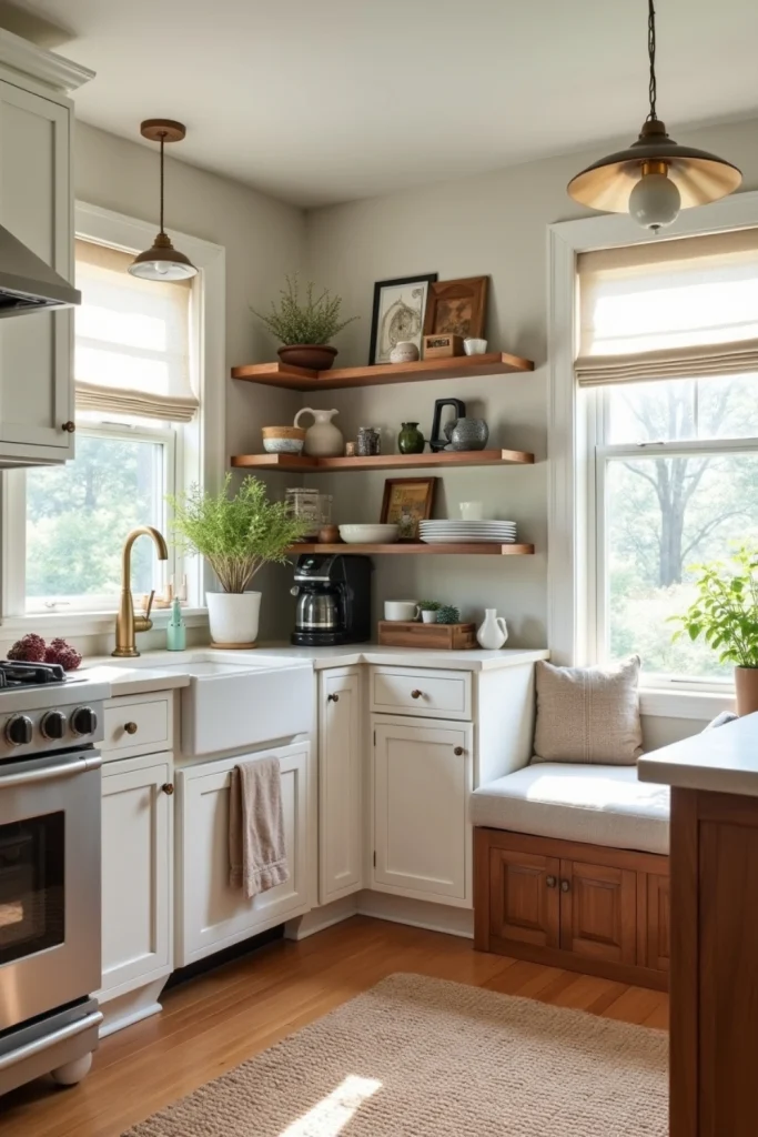 Cozy kitchen nook with built-in coffee station, shelves, and decor for a functional, inviting corner.