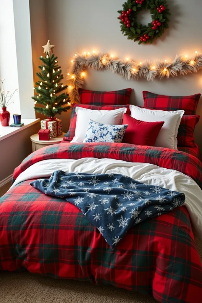 Cozy bedroom with plaid Christmas bedding, snowflake pillows, warm lights, and festive holiday accents.