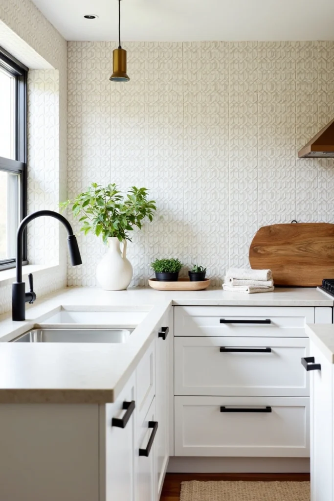Kitchen with geometric ceramic backsplash, bold grout, ceiling extension, and modern brass fixtures.